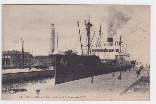 OLD BLACK &amp; WHITE POSTCARD CPA DUNKERQUE TRYSTRAM LOCK AND LIGHTHOUSE 