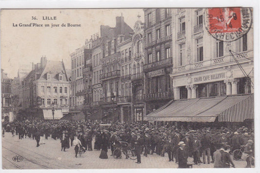 OLD BLACK &amp; WHITE POSTCARD CPA LILLE LA GRAND PLACE A STOCK MARKET DAY 