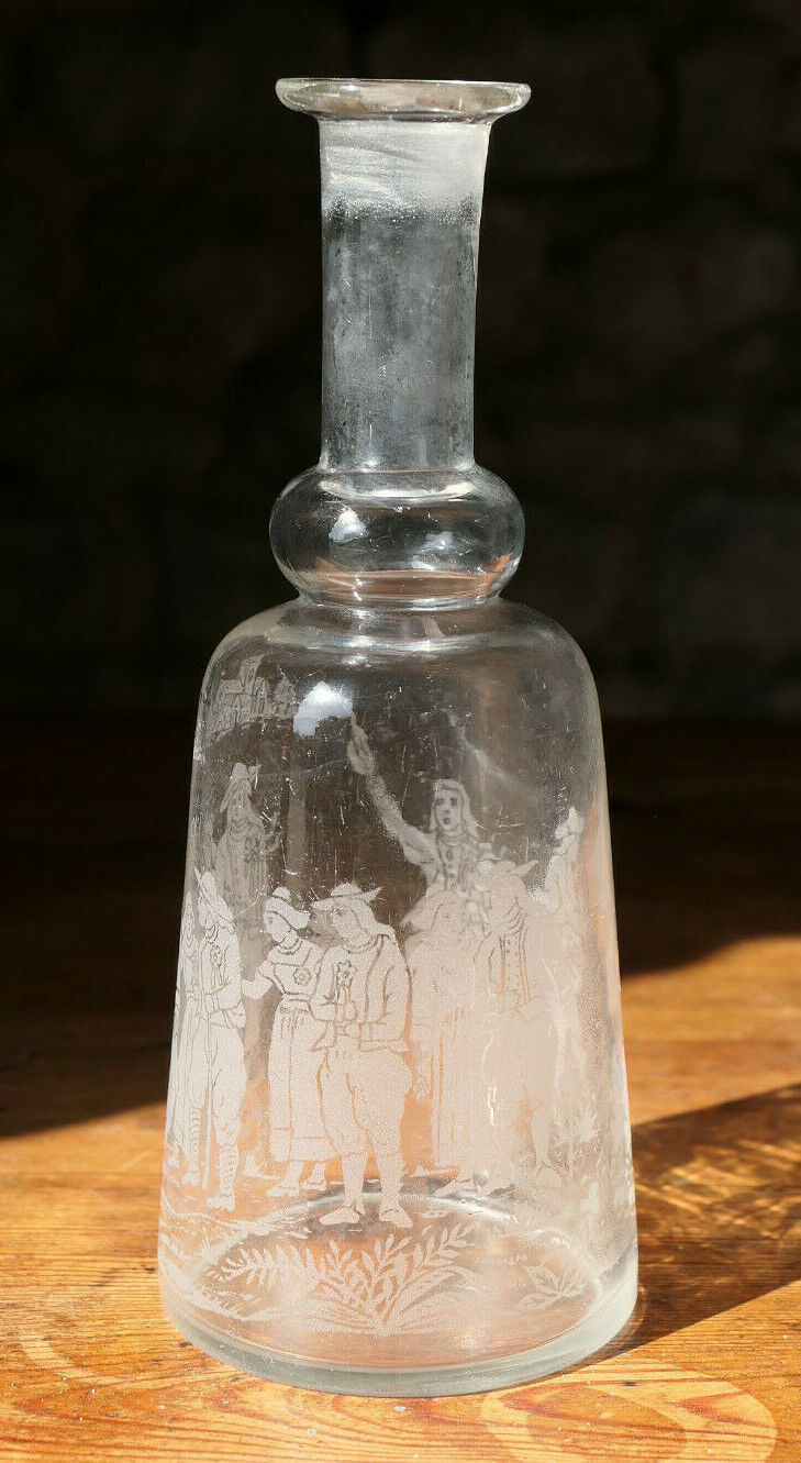 ANCIENNE CARAFE EN VERRE SOUFFLE GRAVE BRETAGNE FETE MARIAGE SONNEUR BINIOU DECO