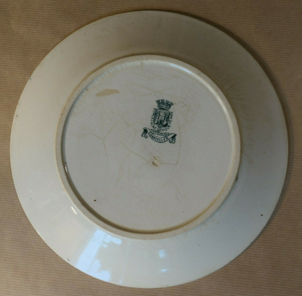 ANCIENNE ASSIETTE PORCELAINE OPAQUE DE GIEN TERRE DE FER CHANTECLER DECOR COQ