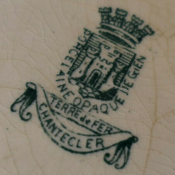 ANCIENNE ASSIETTE PORCELAINE OPAQUE DE GIEN TERRE DE FER CHANTECLER DECOR COQ