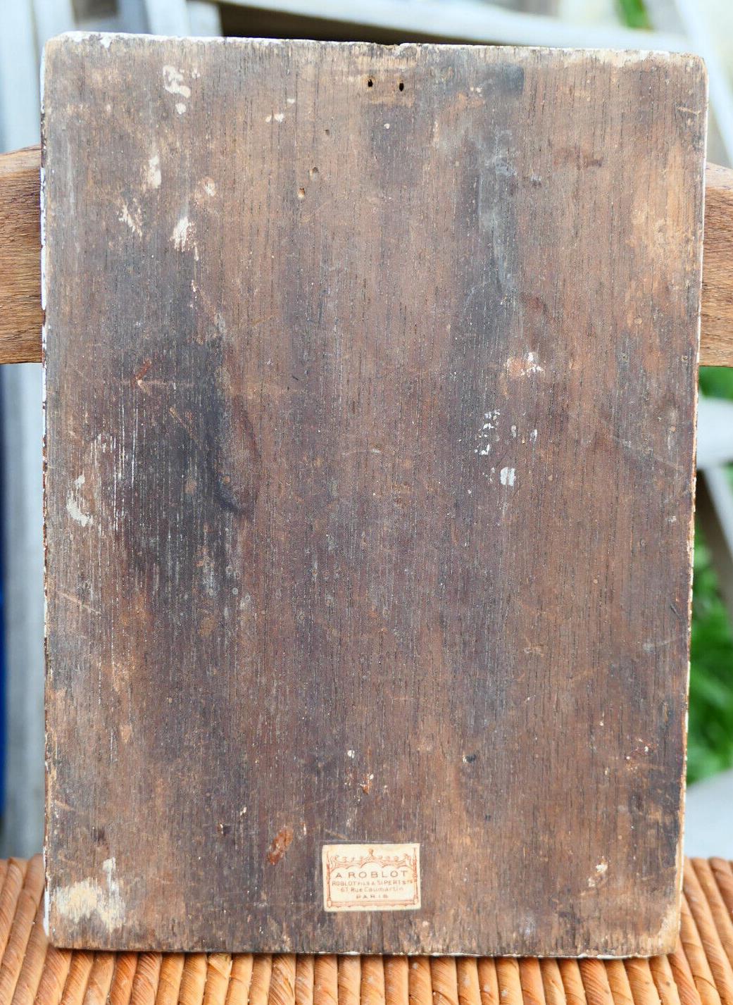 ANCIENNE PETITE ICONE RELIGIEUSE CHRIST SUR PANNEAU DE BOIS A. ROBLOT DEBUT XXe