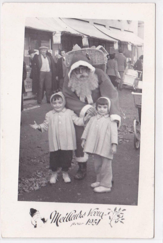 ANCIENNE CARTE PHOTO MEILLEURS VOEUX POUR 1951 DEUX ENFANTS ET PERE NOEL