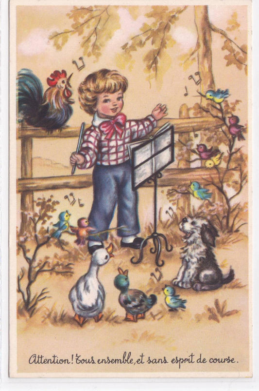 POSTCARD CPSM FANTASY MUSIC ANIMALS CONDUCTOR CHILD ORCHESTRA 