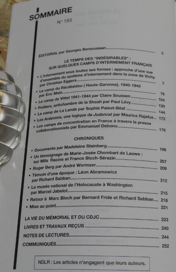 LE MONDE JUIF REVUE N°153 1995 / LE TEMPS DES INDESIRABLES / HISTOIRE SHOAH