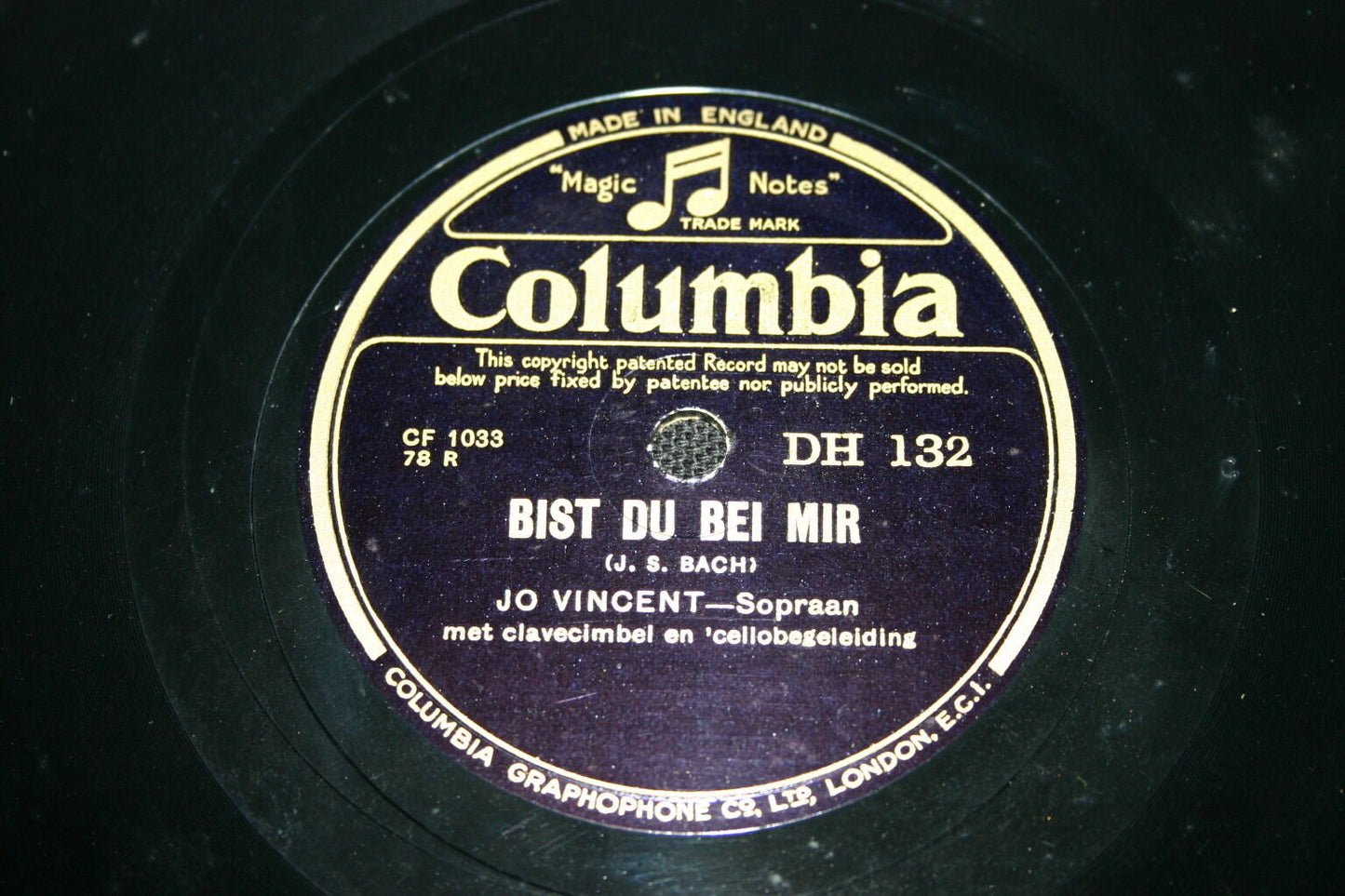 JO VINCENT / BACH   SOPRAAN SOPRANO   RARE 78T COLUMBIA   BIST DU BEI MIR   UK