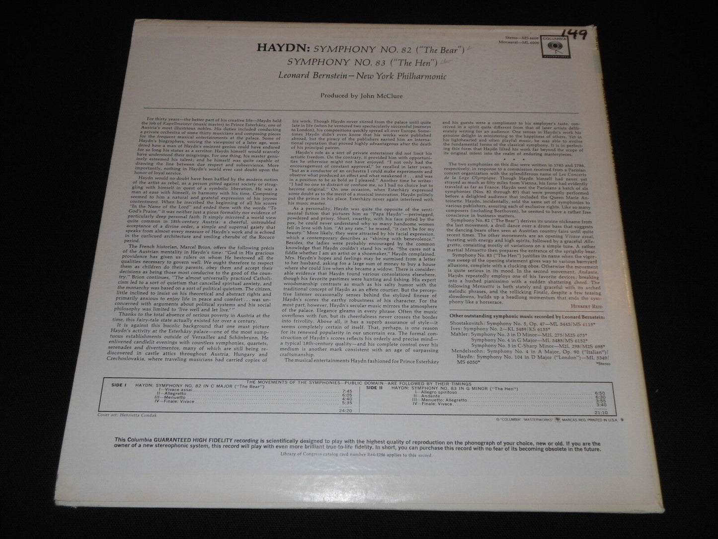 BERNSTEIN  HAYDN   SYMPHONY 82 & 83   LP 33T 12"   COLUMBIA MONO ML 6009 USA