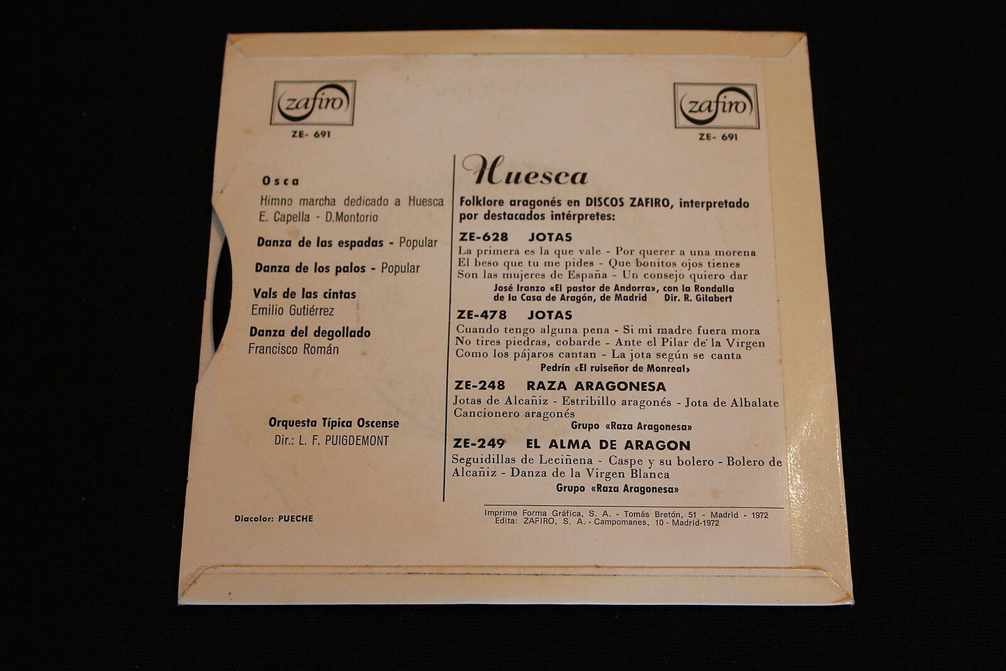 HUESCA   FOLKLORE ARAGONES   ZAFIRO ZE-691   1972   EP 45T 7"