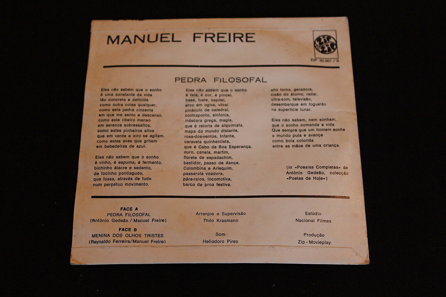 MANUEL FREIRE   SP 45T 7"   PEDRA FOLOSOFAL   ZIP ZIP 30001   PORTUGAL