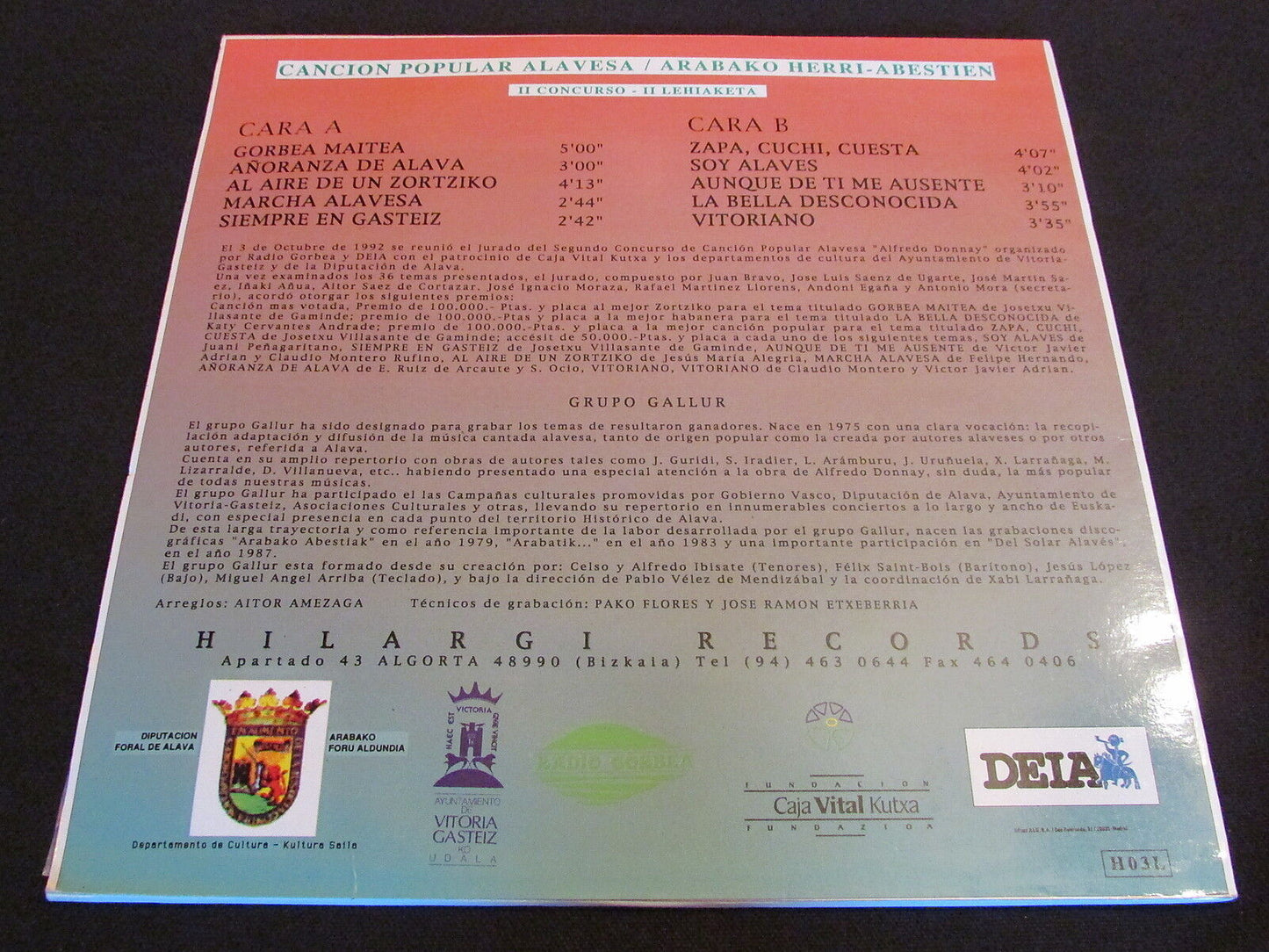 CANCION POPULAR ALAVESA   ARABAKO HERRI-ABESTIEN   GALLUR   LP 33T 12"   1993