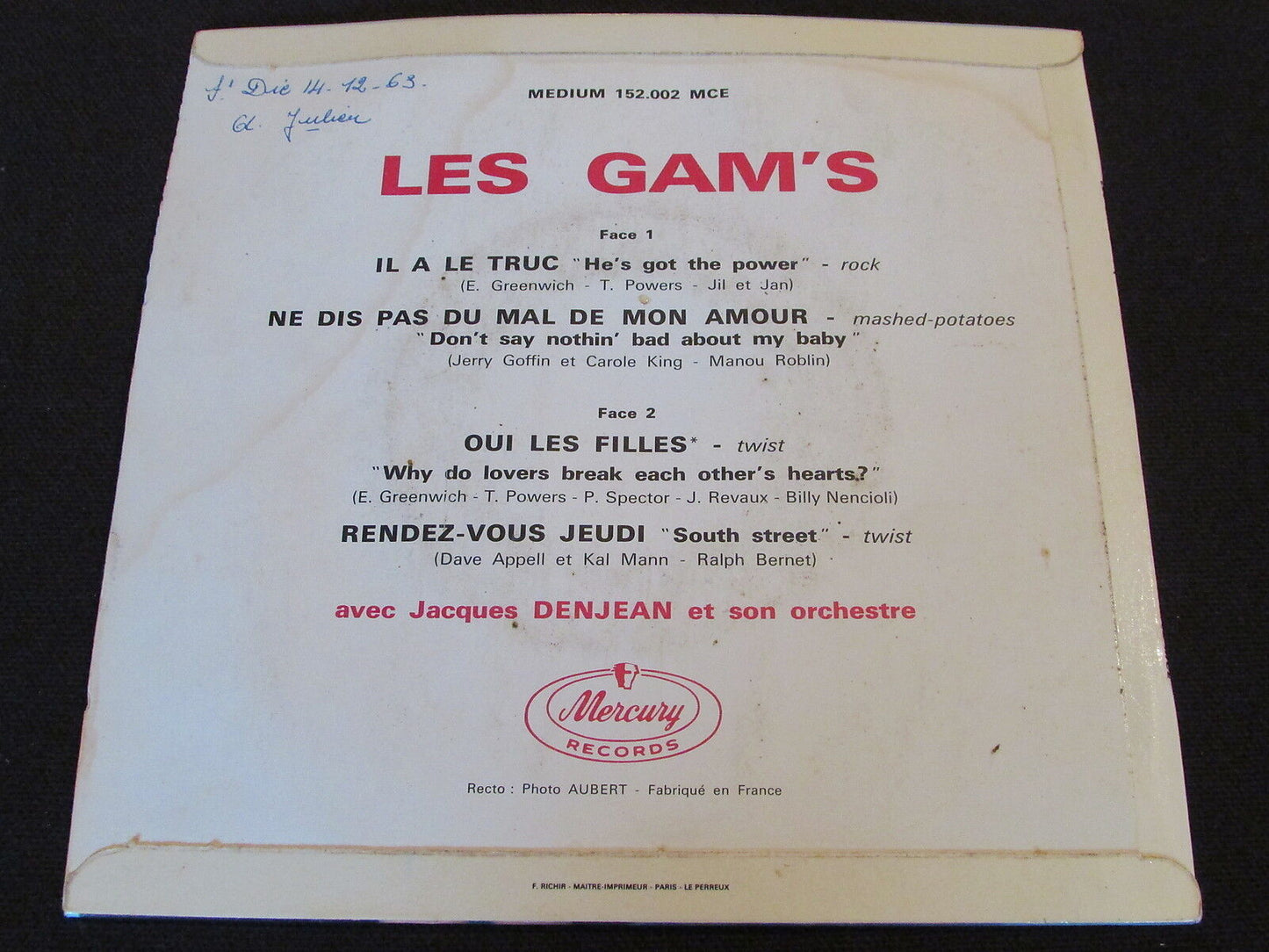 LES GAM'S   EP 45T 7"   IL A LE TRUC   MERCURY   FRENCH