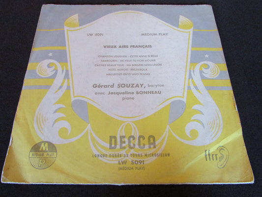 GERARD SOUZAY baryton JACQUELINE BONNEAU piano   FRENCH DECCA LW 5091   LP 10"