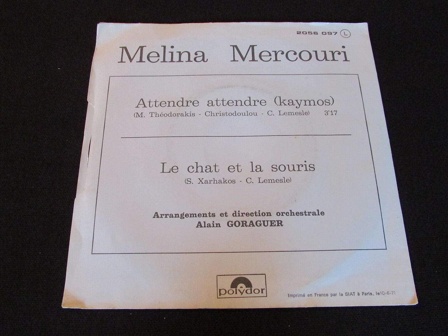 MELINA MERCOURI   SP 45T 7"   ATTENDRE ATTENDRE