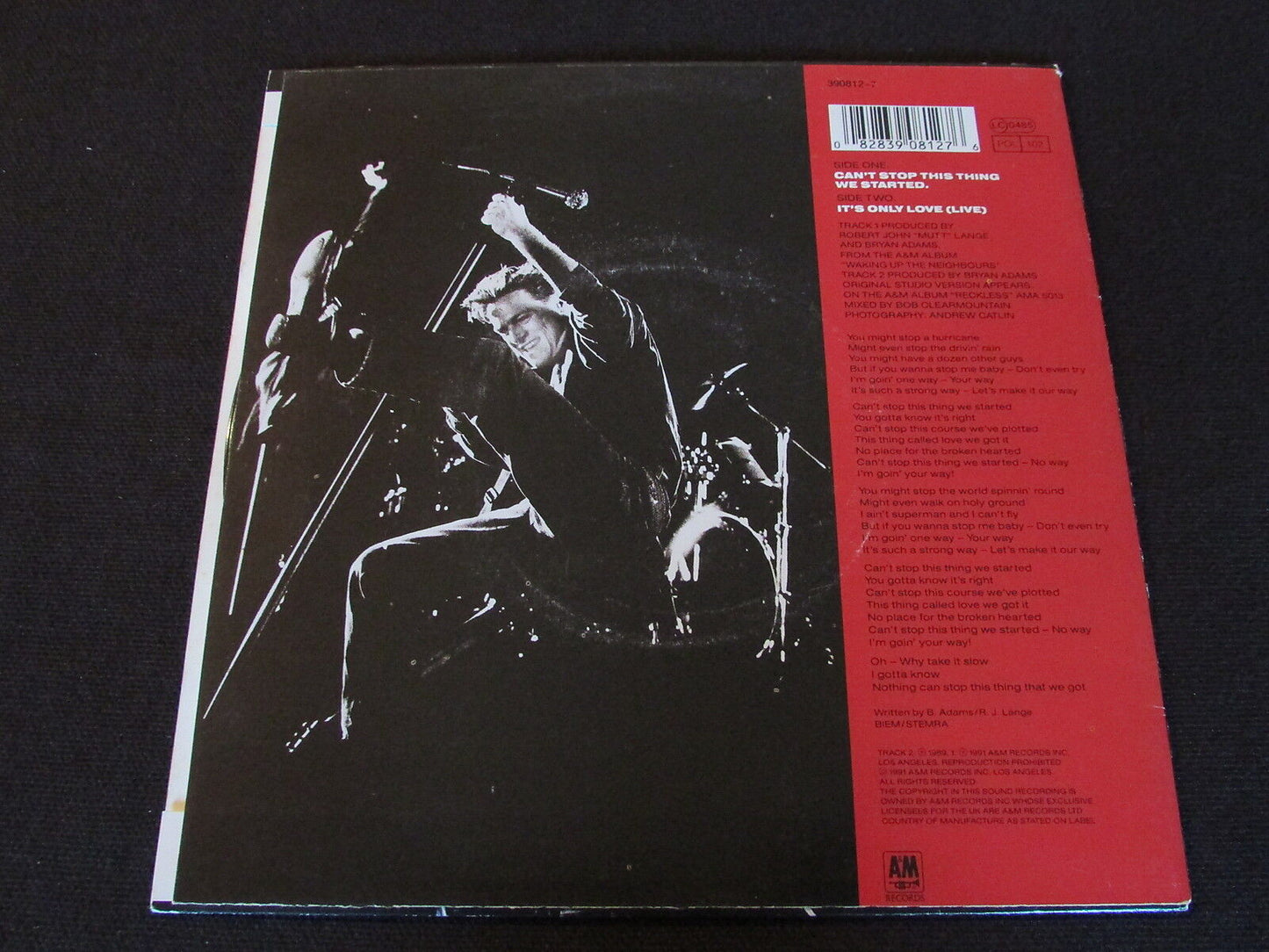 BRYAN ADAMS   SP 45T 7"   CAN'T STOP THIS THING WE STARTED   1991