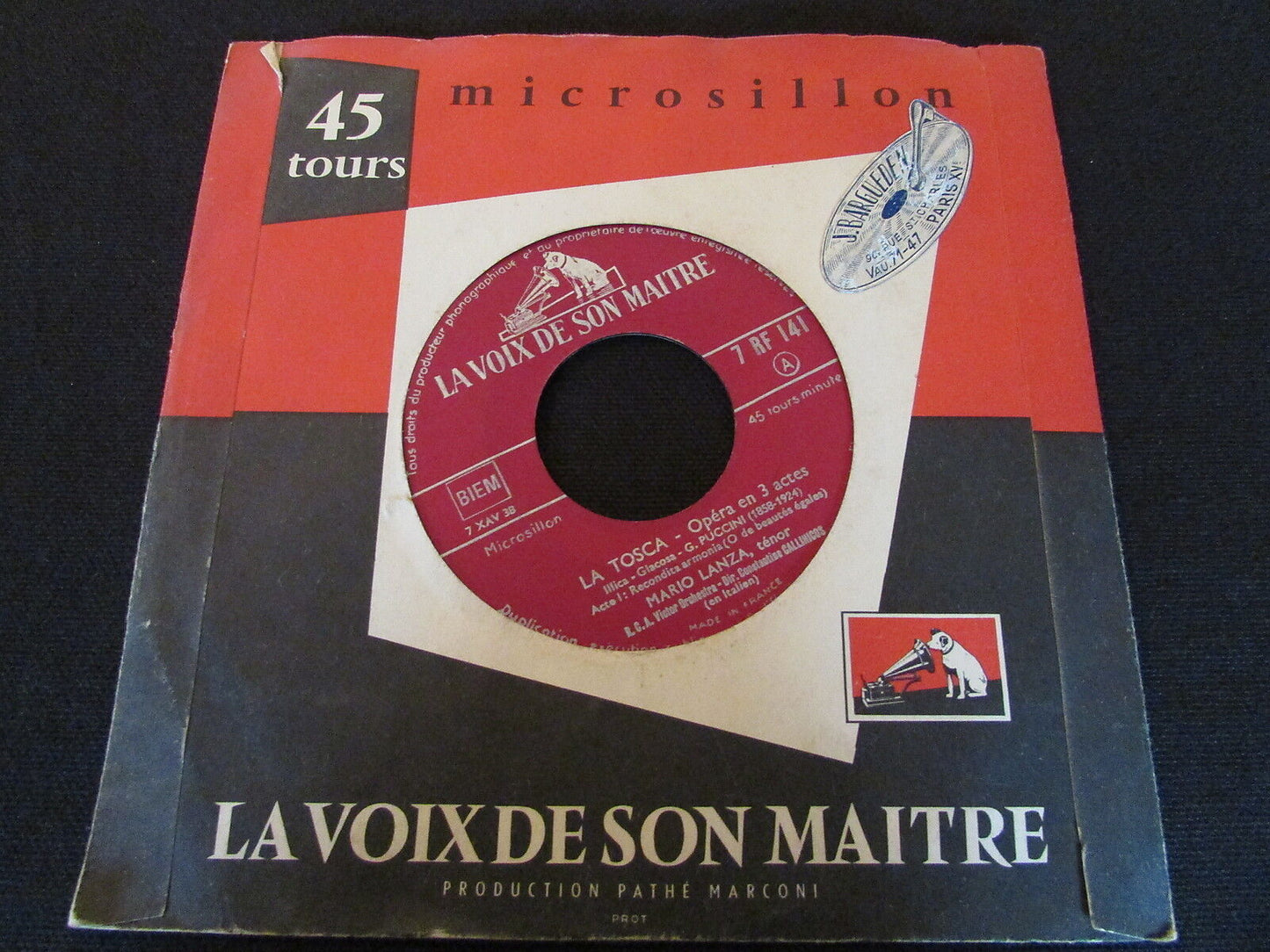 MARIO LANZA Ténor   LA TOSCA   FRENCH   SP 45T 7"