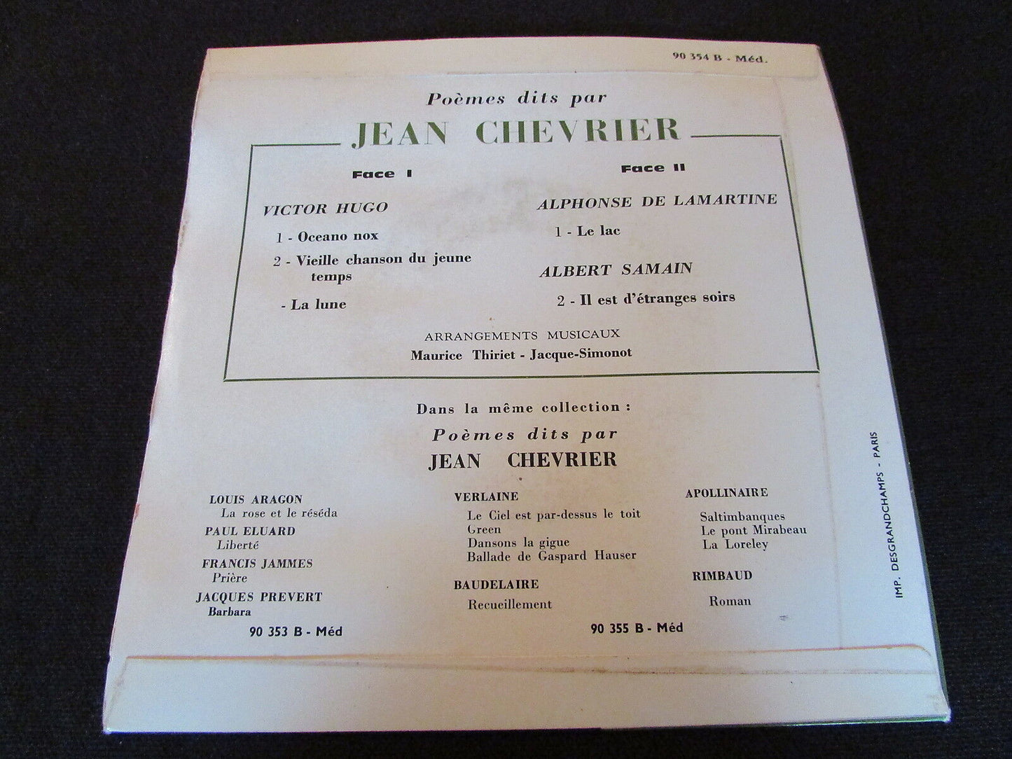 POEMES DITS PAR JEAN CHEVRIER   HUGO LAMARTINE SAMAIN   PACIFIC 90354  EP 45T 7"