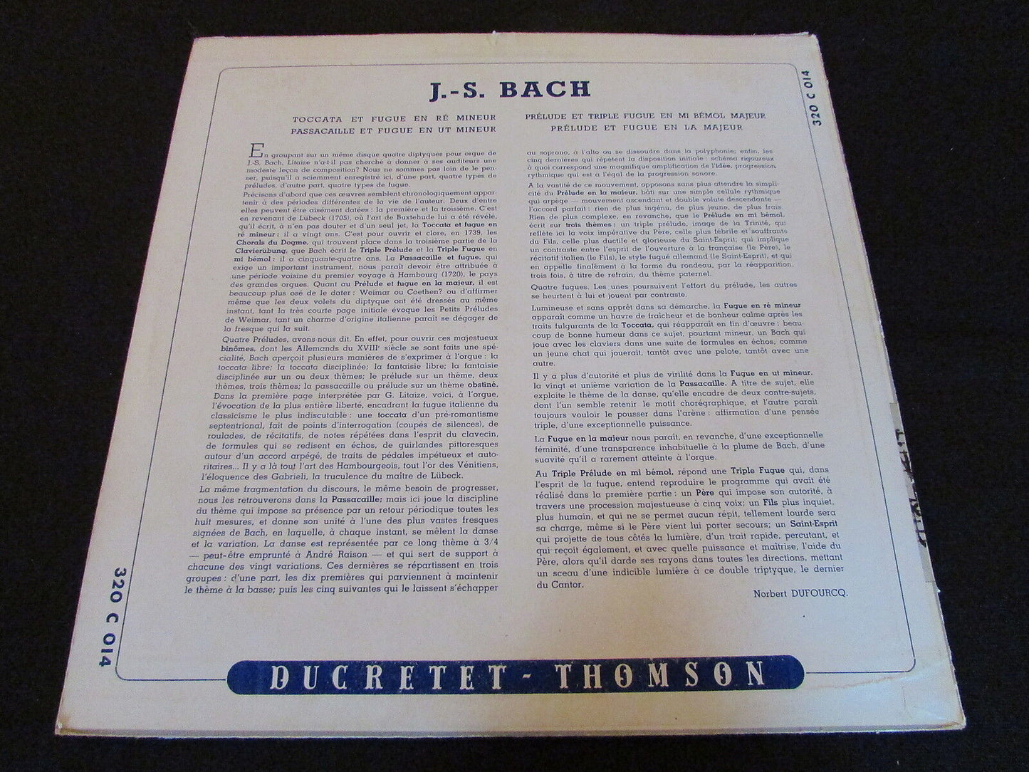 GASTON LITAIZE   BACH   ORGUE   DUCRETET-THOMSON 320 C 014   FRANCE   LP 33T 12"