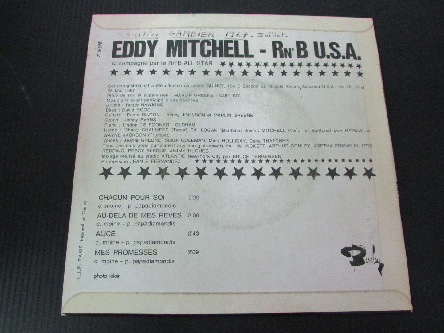 EDDY MITCHELL   EP 45T 7"   CHACUN POUR SOI   BARCLAY 71185