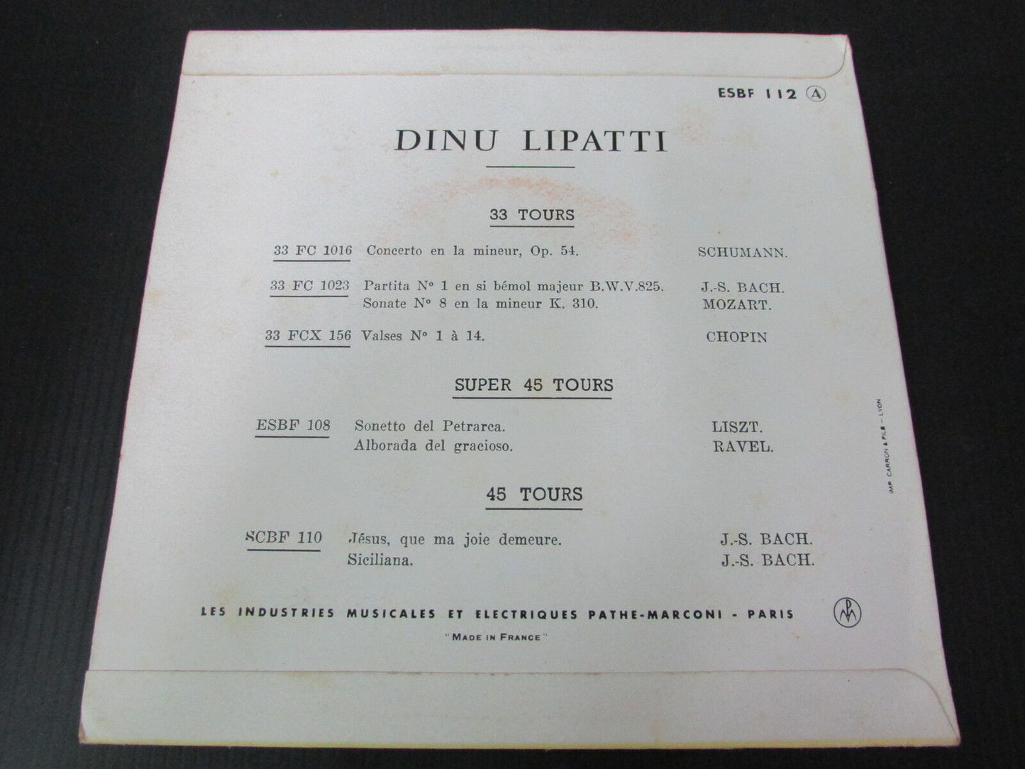 DINU LIPATTI   BACH   EP 45T 7"   JESUS, QUE MA JOIE DEMEURE   COLUMBIA