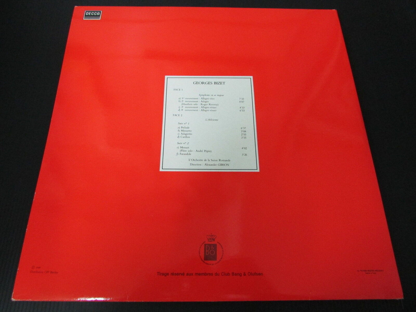 GEORGES BIZET   ORCHESTRE SUISSE ROMANDE   ALEXANDER GIBSON   LP 33T 12"   B&O