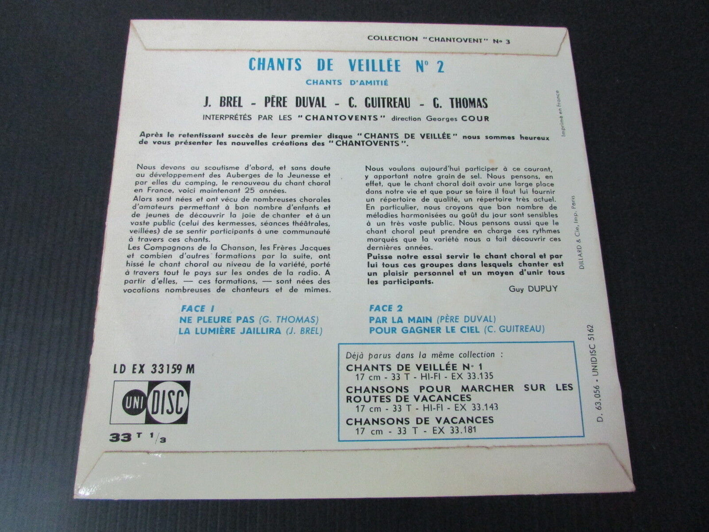 CHANTS DE VEILLEE N°2   CHANTS D'AMITIE   EP 33T 7"   UNIDISC 33159