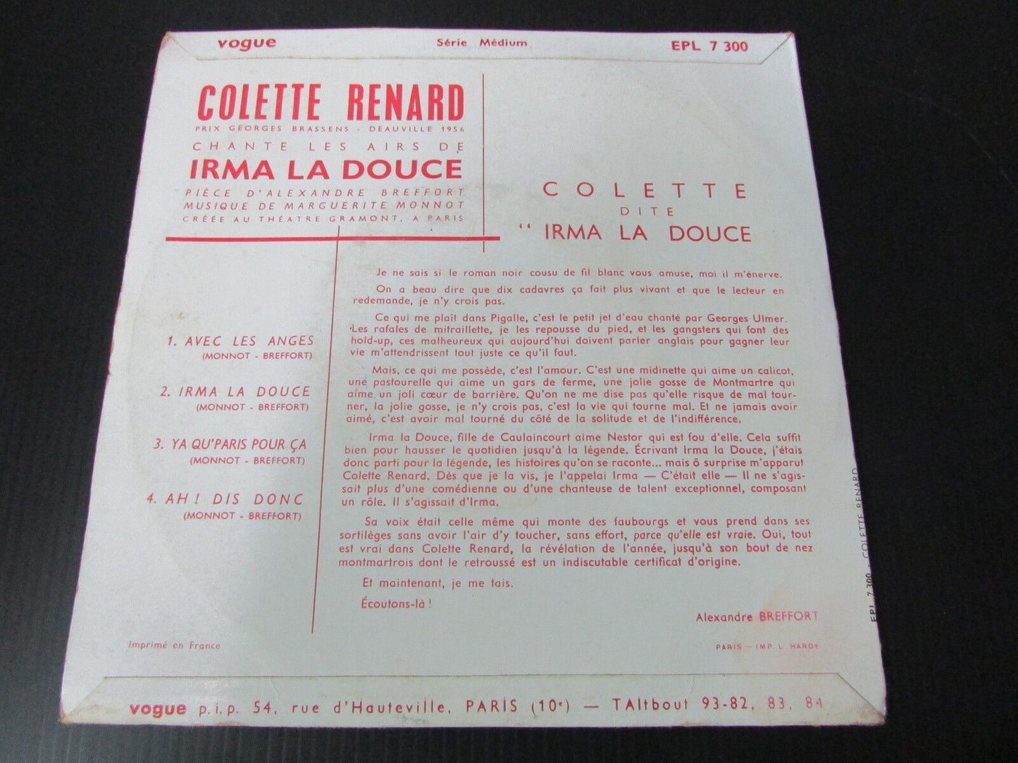 COLETTE RENARD   "IRMA LA DOUCE"   EP 45T 7"   VOGUE EPL 7300