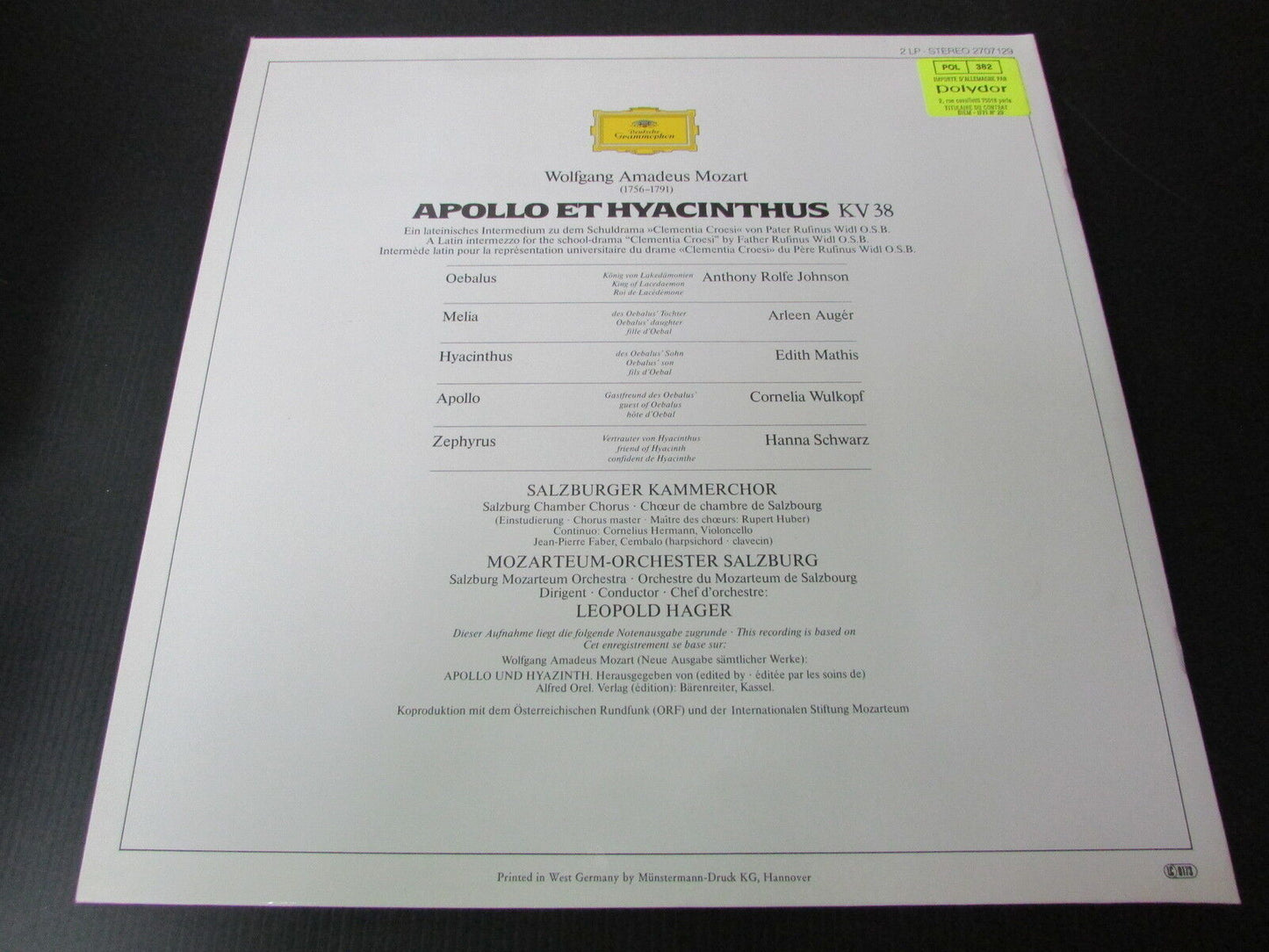 APOLLO ET HYACINTHUS   MOZART   LEOPOLD HAGER   1982   2 x LP 33T 12"