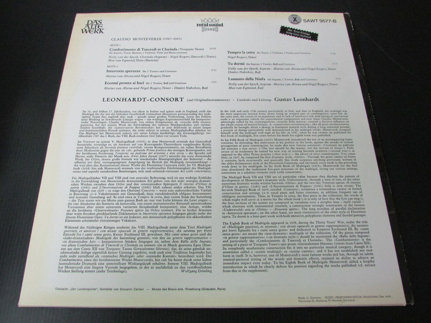 MONTEVERDI   MAX VAN EGMOND   TELEFUNKEN SAWT-9577-B   GERMANY   LP 33T 12"