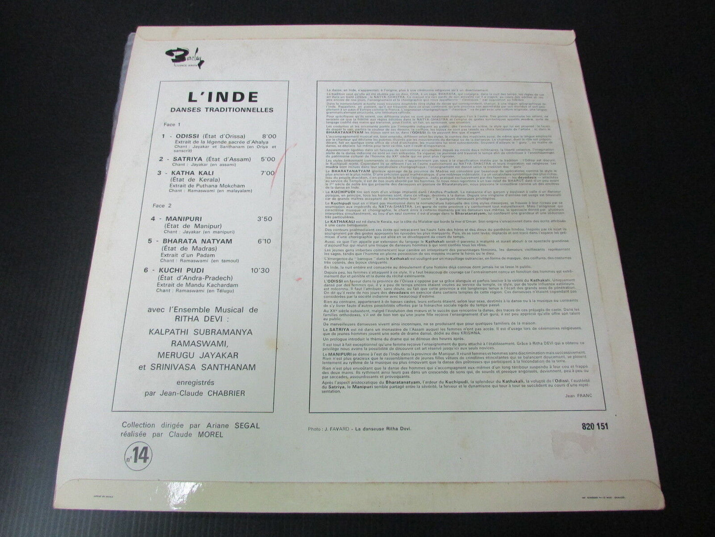 L'INDE   DANSES TRADITIONNELLES AVEC L'ENSEMBLE RITHA DEVI   LP 33T 12"