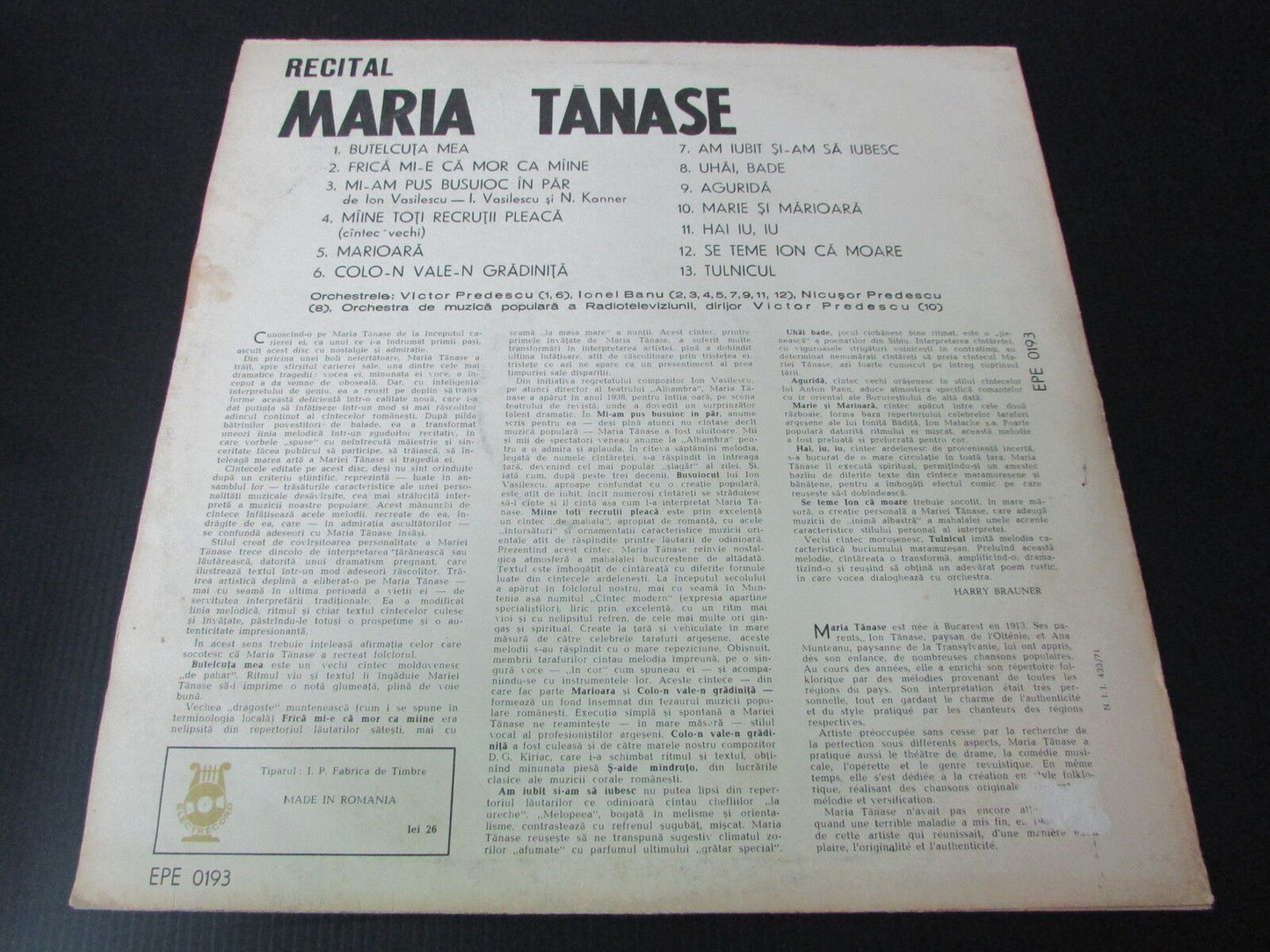 RECITAL MARIA TANASE   ELECTRECORD EPE 0193   LP 33T 12"