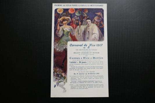 PUBLICITE CARNAVAL DE NICE 1907 CHEMINS DE FER TRAIN PLM ITINERAIRES PRIX