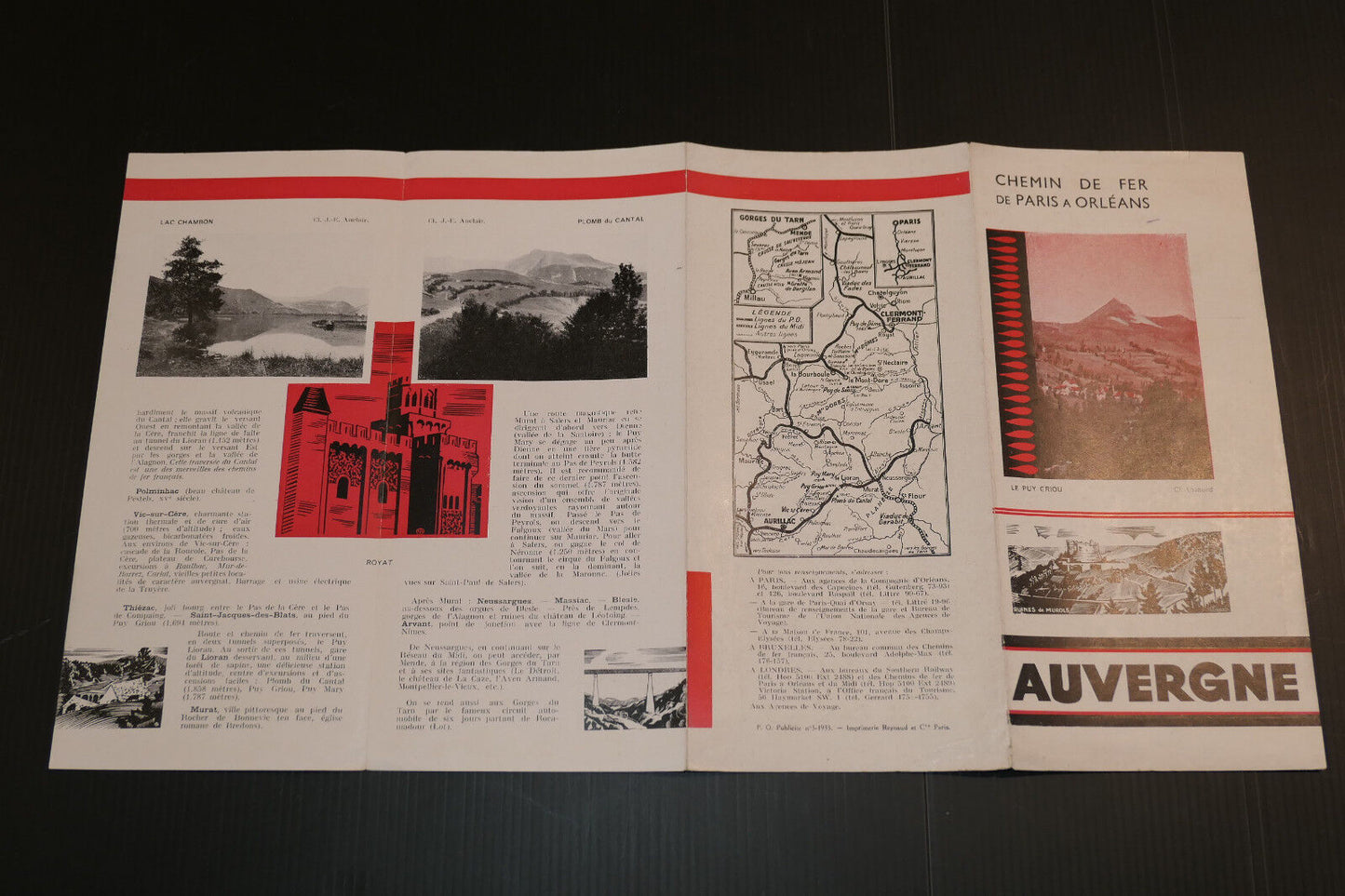 ANCIEN DEPLIANT TOURISTIQUE TRAIN CHEMIN DE FER DE PARIS A ORLEANS AUVERGNE 1933