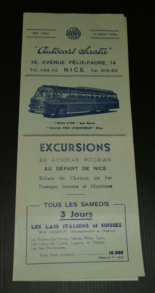 ANCIEN DEPLIANT PUBLICITE TOURISME AUTOCARS SANTA NICE EXCURSIONS ETE 1954