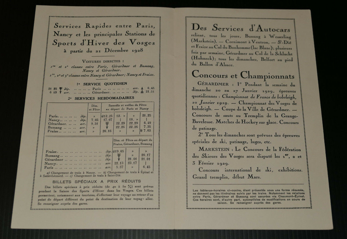 ANCIEN DEPLIANT TOURISTIQUE SPORTS D'HIVER DANS LES VOSGES SAISON 1928-1929