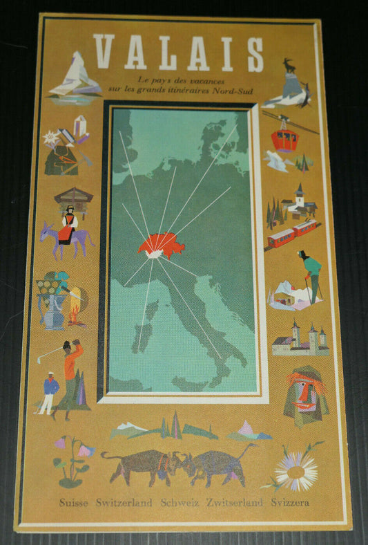 ANCIEN DEPLIANT PUBLICITE TOURISME VALAIS SUISSE CARTE STATIONS 1960