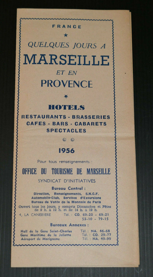 ANCIEN DEPLIANT PUBLICITE MARSEILLE PROVENCE HOTELS RESTAURANTS TOURISME 1956