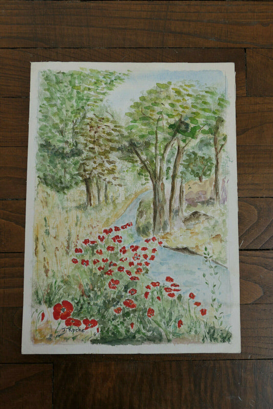 PEINTURE AQUARELLE PAYSAGE CHAMPETRE RIVIERE FLEURS SIGNE J. ROCHE