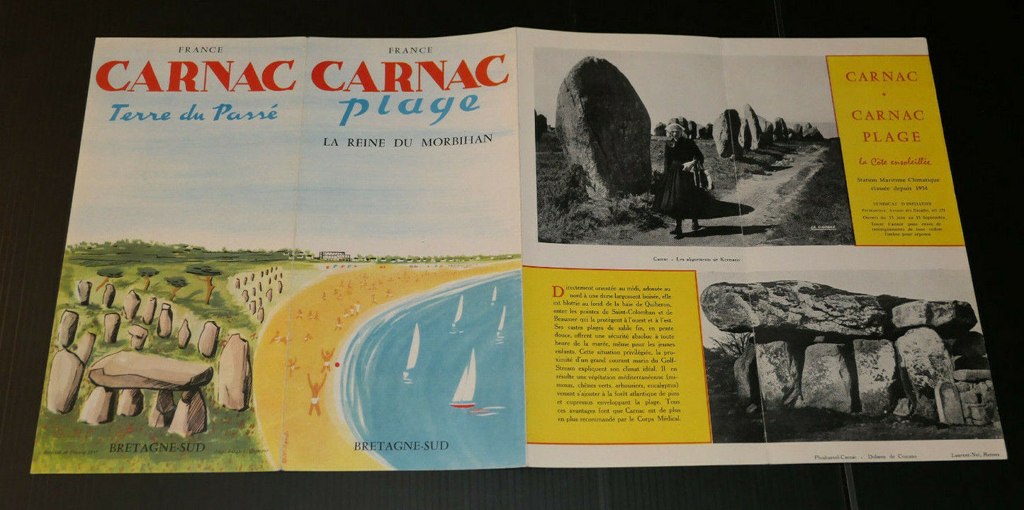 ANCIEN DEPLIANT TOURISTIQUE BRETAGNE SUD MORBIHAN CARNAC PLAGE 1957 TOURISME