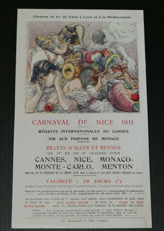 CARNAVAL DE NICE 1911 ANCIENNE PUBLICITE TRAIN CHEMINS DE FER PLM TARIFS BILLETS