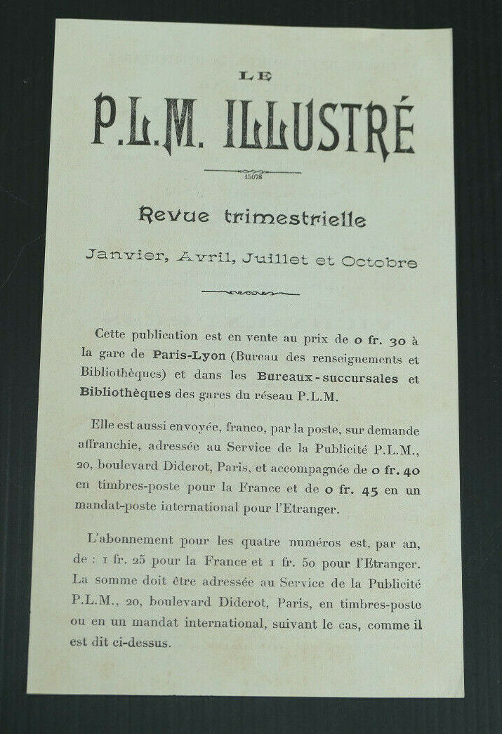 ANCIENNE PUBLICITE REVUE TRIMESTRIELLE "LE PLM ILLUSTRE" ETE 1914 TRAIN VOYAGE