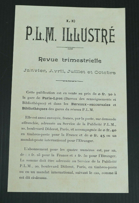 ANCIENNE PUBLICITE REVUE TRIMESTRIELLE "LE PLM ILLUSTRE" ETE 1914 TRAIN VOYAGE