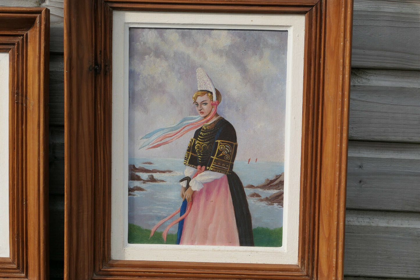 PAIRE ANCIENS TABLEAUX PEINTURES PORTRAITS FEMMES BRETONNES COIFFES BRETAGNE
