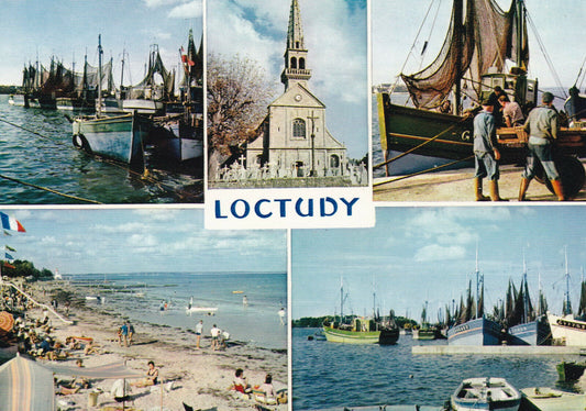 ANCIENNE CARTE POSTALE CPSM 29 LOCTUDY / L'EGLISE, LE PORT ET LES PLAGES
