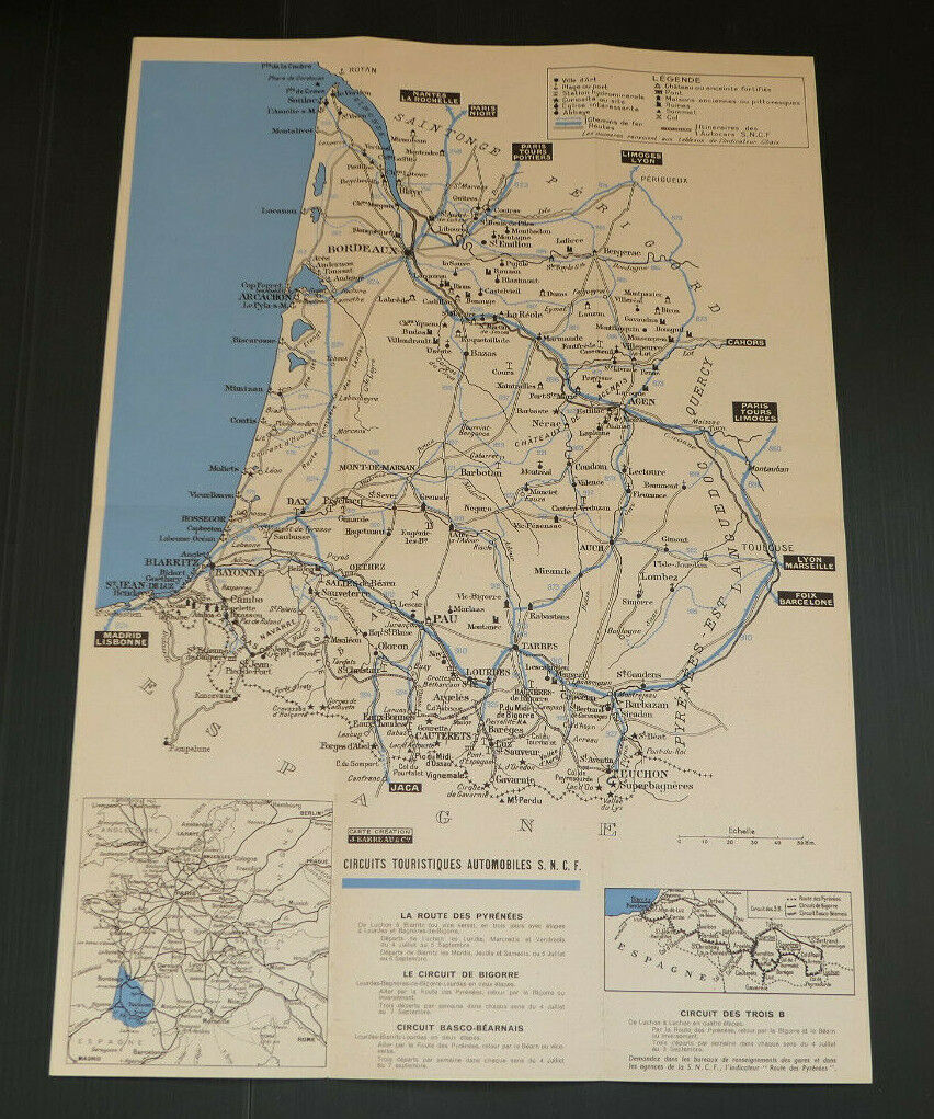 ANCIEN DEPLIANT TOURISME SNCF TRAIN DU BORDELAIS AUX PYRENEES 1938