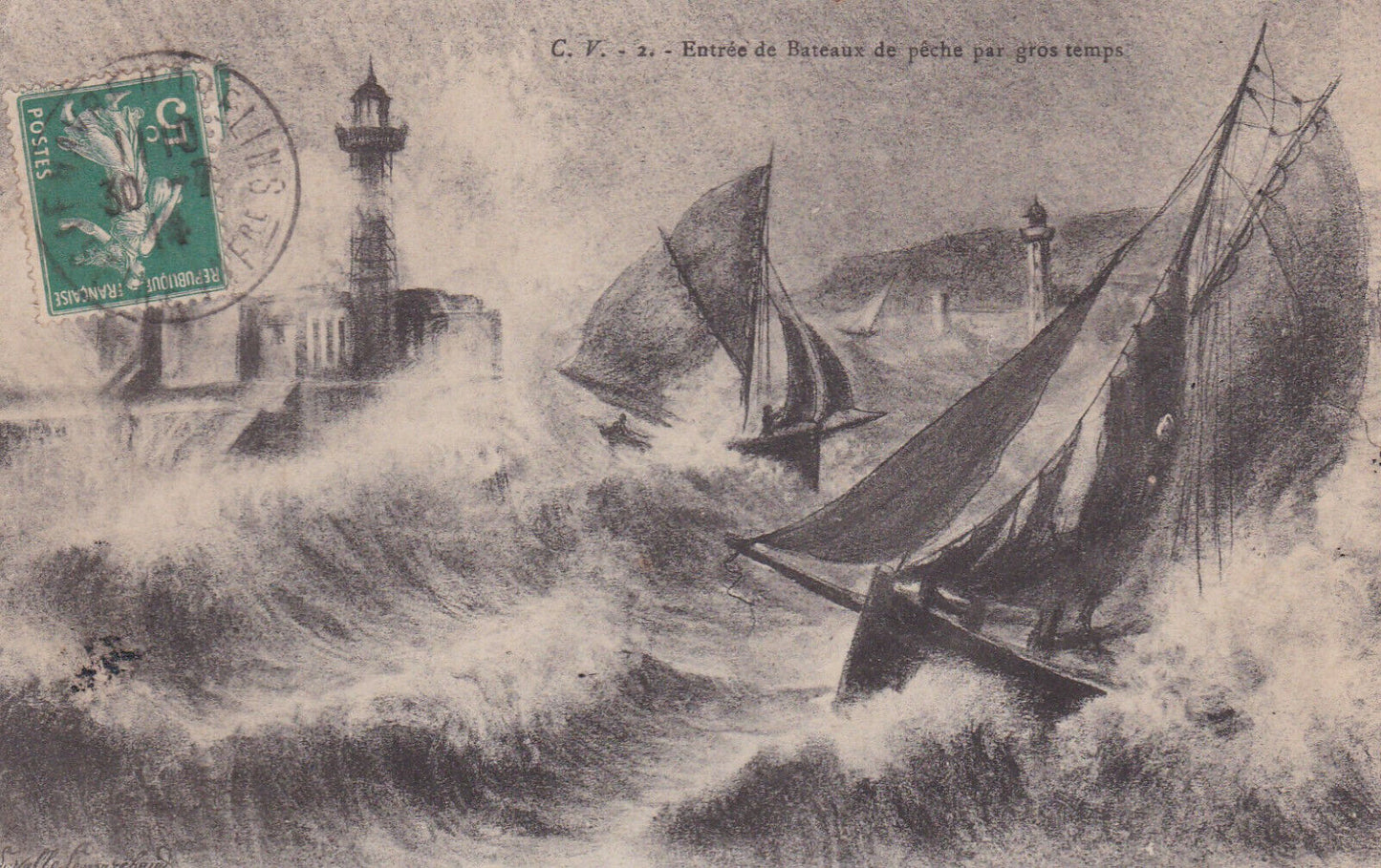 ANCIENNE CARTE POSTALE CPA MER MARINE ENTREE DE BATEAUX DE PECHE PAR GROS TEMPS