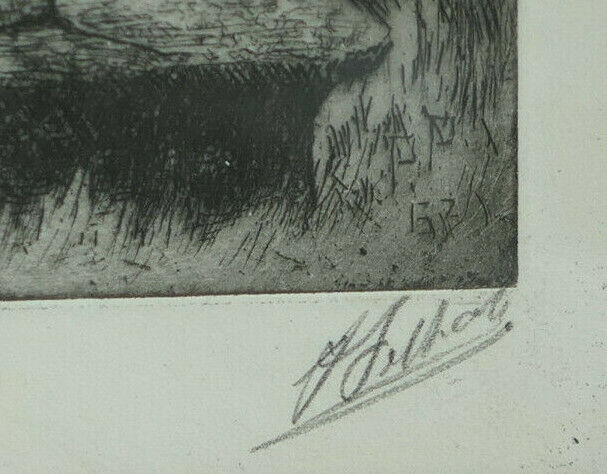 ANCIENNE GRAVURE BRETAGNE FINISTERE CALVAIRE FEMME COIFFE PRIERE SIGNATURE