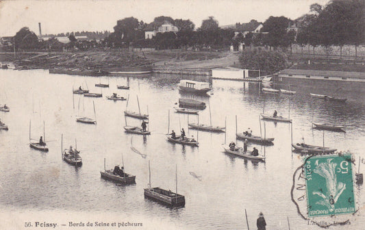 OLD POSTCARD CPA POISSY BANKS OF THE SEINE AND FISHERMEN / L'ABEILLE 56