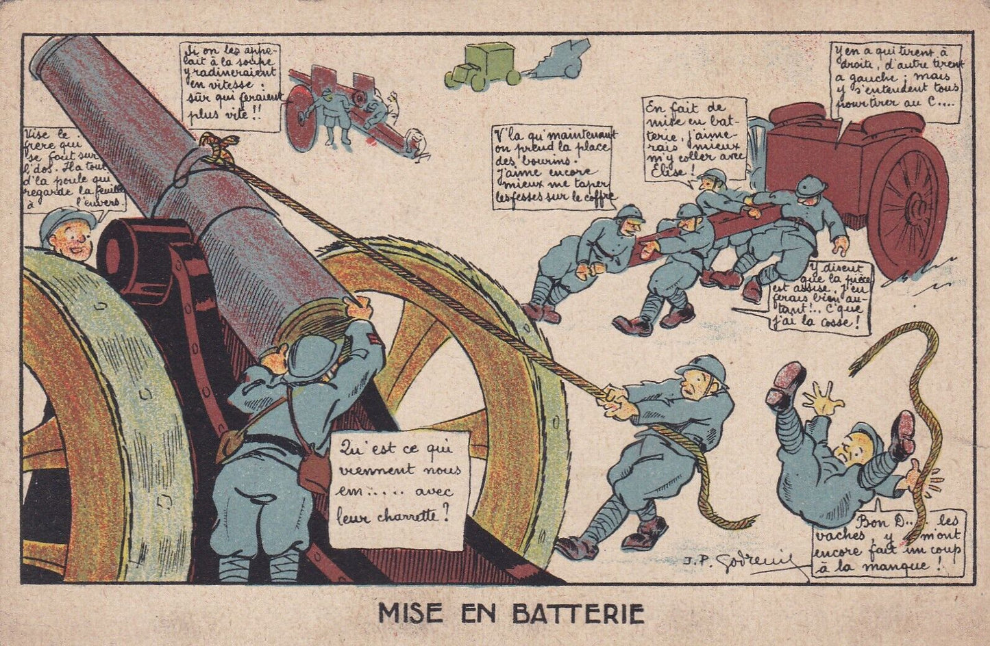 LOT DE 2 CARTES POSTALES ANCIENNES CPA MILITARIA MISE EN BATTERIE / L'ASTIQUAGE