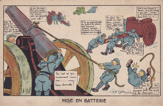 LOT DE 2 CARTES POSTALES ANCIENNES CPA MILITARIA MISE EN BATTERIE / L'ASTIQUAGE