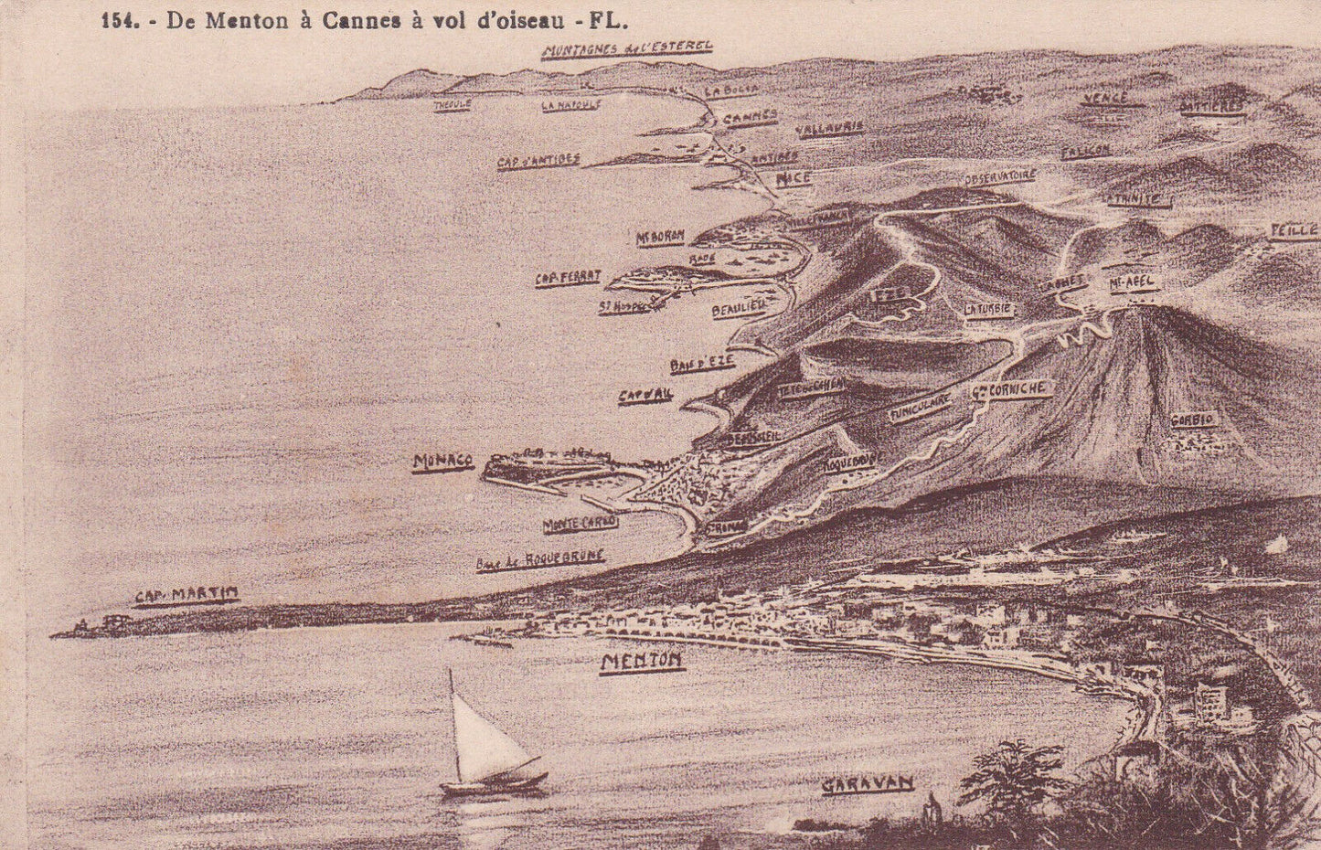 CARTE POSTALE ANCIENNE CPA DE MENTON A CANNES A VOL D'OISEAU
